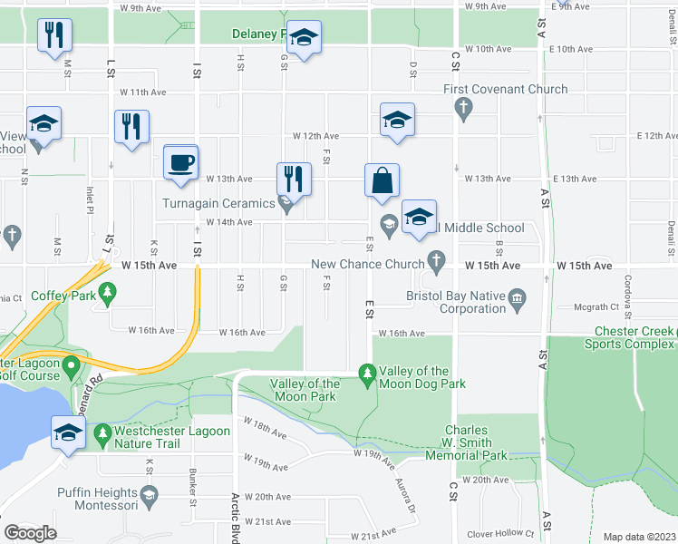 map of restaurants, bars, coffee shops, grocery stores, and more near 536 West 15th Avenue in Anchorage