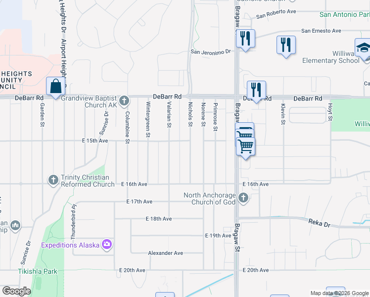 map of restaurants, bars, coffee shops, grocery stores, and more near 1512 Nichols Street in Anchorage