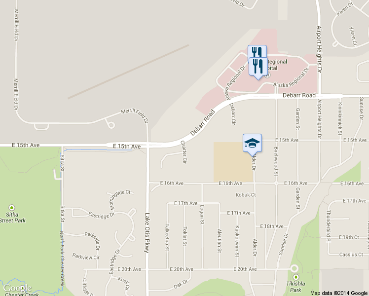 map of restaurants, bars, coffee shops, grocery stores, and more near 1528 Charter Circle in Anchorage