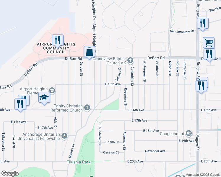 map of restaurants, bars, coffee shops, grocery stores, and more near 1521 Kinnikinnick Street in Anchorage