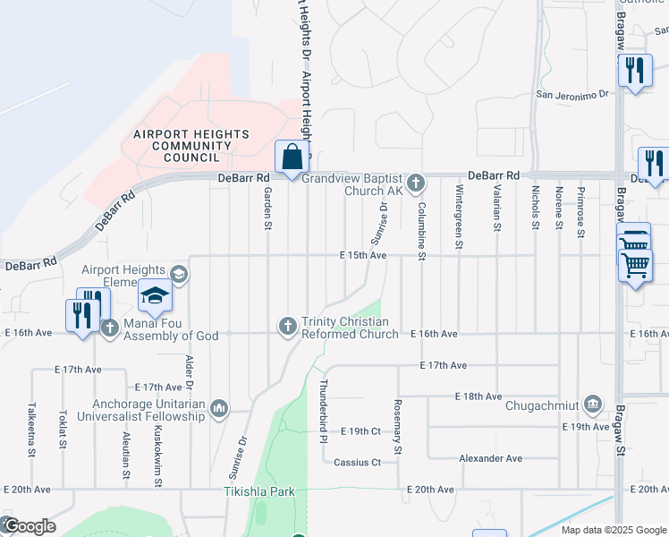 map of restaurants, bars, coffee shops, grocery stores, and more near 1521 Kinnikinnick Street in Anchorage