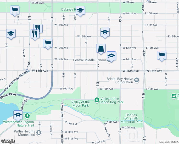 map of restaurants, bars, coffee shops, grocery stores, and more near 536 West 15th Avenue in Anchorage