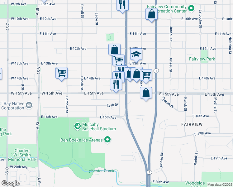 map of restaurants, bars, coffee shops, grocery stores, and more near 612 E 15th Ave in Anchorage