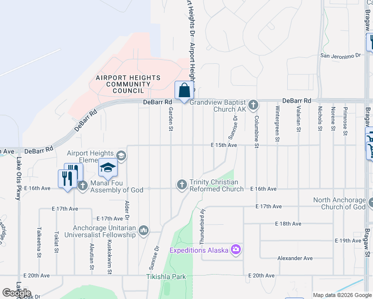 map of restaurants, bars, coffee shops, grocery stores, and more near 1517 Garden Street in Anchorage