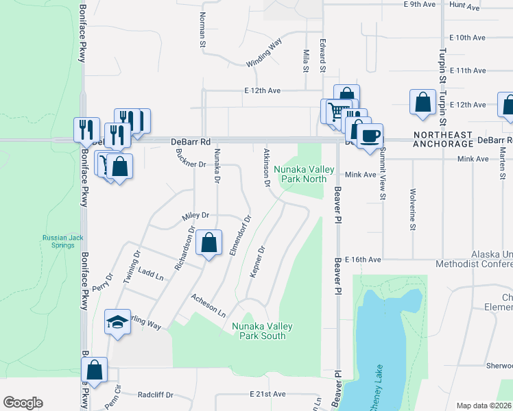 map of restaurants, bars, coffee shops, grocery stores, and more near 1417 Elmendorf Drive in Anchorage