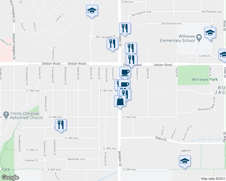 map of restaurants, bars, coffee shops, grocery stores, and more near Demeure Place in Anchorage