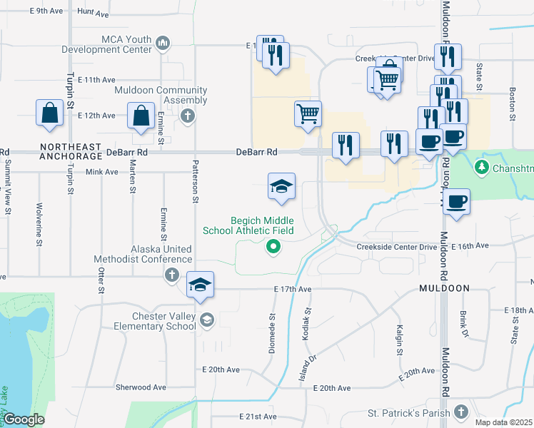 map of restaurants, bars, coffee shops, grocery stores, and more near 7440 Creekside Center Drive in Anchorage