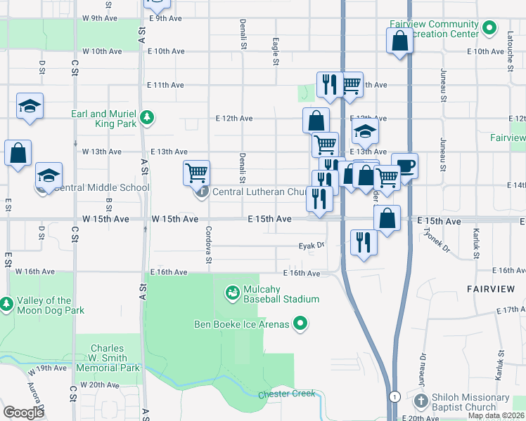 map of restaurants, bars, coffee shops, grocery stores, and more near 441 East 15th Avenue in Anchorage