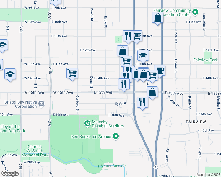 map of restaurants, bars, coffee shops, grocery stores, and more near 513 East 15th Avenue in Anchorage