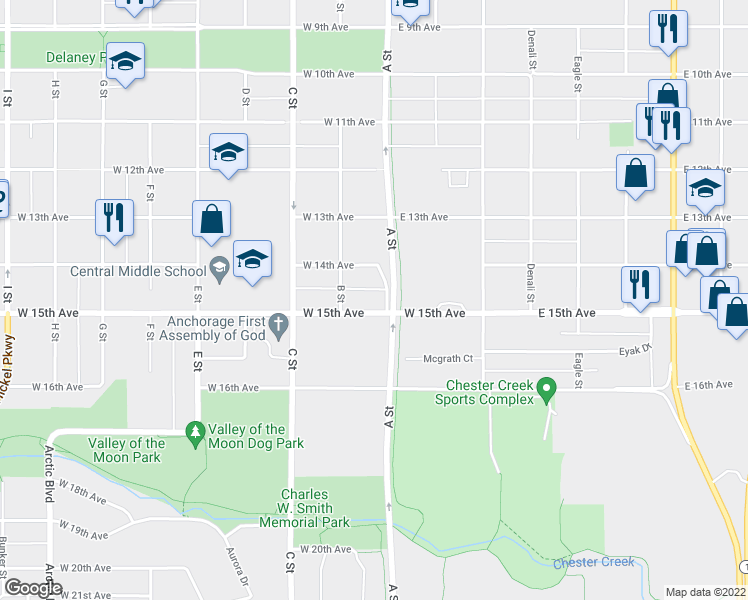 map of restaurants, bars, coffee shops, grocery stores, and more near 126 West 15th Avenue in Anchorage