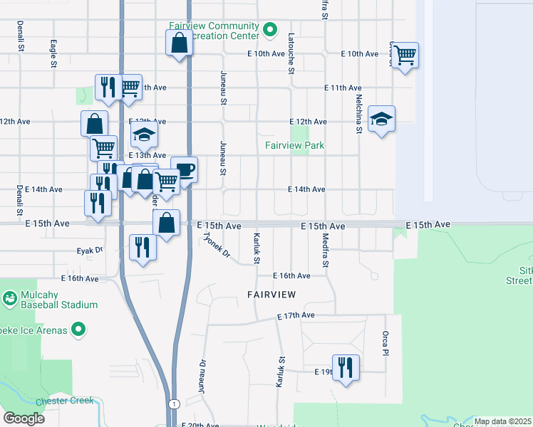 map of restaurants, bars, coffee shops, grocery stores, and more near 1509 Karluk Street in Anchorage