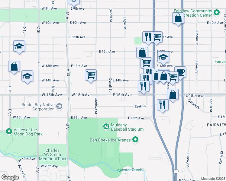 map of restaurants, bars, coffee shops, grocery stores, and more near 350 East 15th Avenue in Anchorage