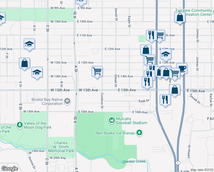 map of restaurants, bars, coffee shops, grocery stores, and more near in Anchorage