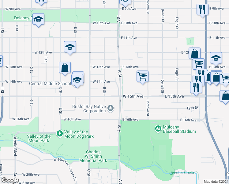 map of restaurants, bars, coffee shops, grocery stores, and more near 126 West 15th Avenue in Anchorage