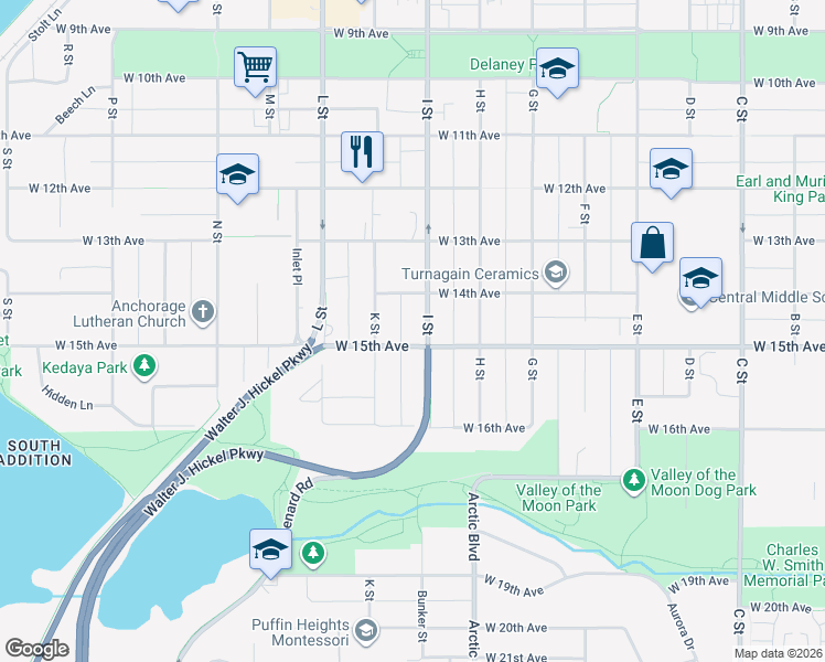 map of restaurants, bars, coffee shops, grocery stores, and more near 1511 I Street in Anchorage