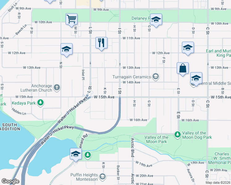 map of restaurants, bars, coffee shops, grocery stores, and more near 1511 I Street in Anchorage
