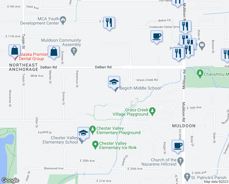 map of restaurants, bars, coffee shops, grocery stores, and more near 7440 Creekside Center Drive in Anchorage