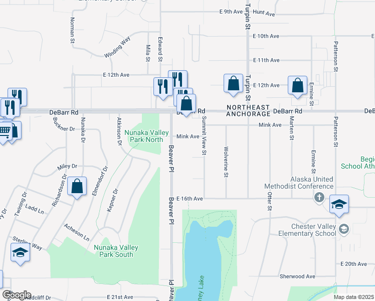 map of restaurants, bars, coffee shops, grocery stores, and more near 6412 East 14th Court in Anchorage