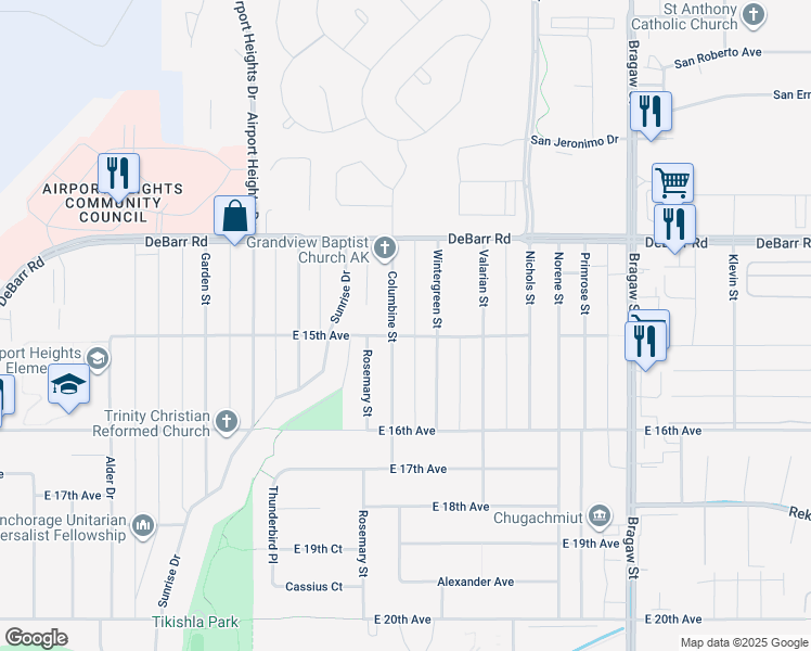 map of restaurants, bars, coffee shops, grocery stores, and more near 1519 Columbine Street in Anchorage