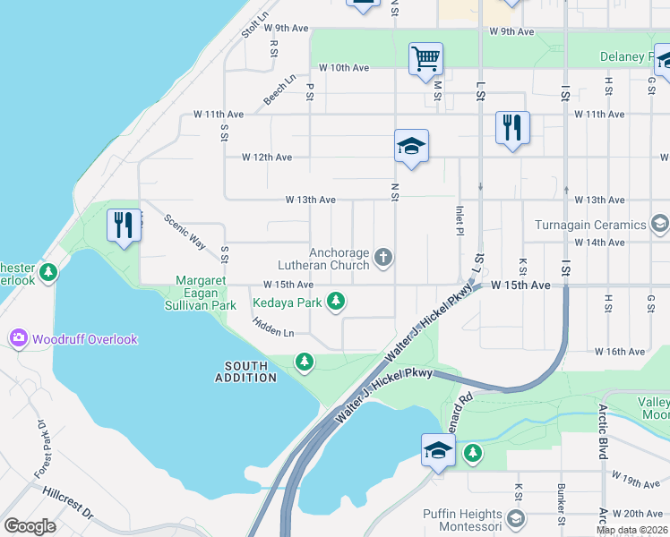 map of restaurants, bars, coffee shops, grocery stores, and more near 1402 West 15th Avenue in Anchorage