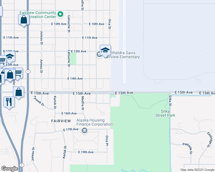 map of restaurants, bars, coffee shops, grocery stores, and more near 1426 Orca Street in Anchorage