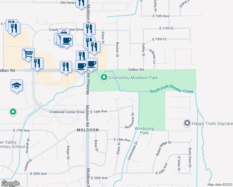 map of restaurants, bars, coffee shops, grocery stores, and more near 1420 Carolyn Circle in Anchorage
