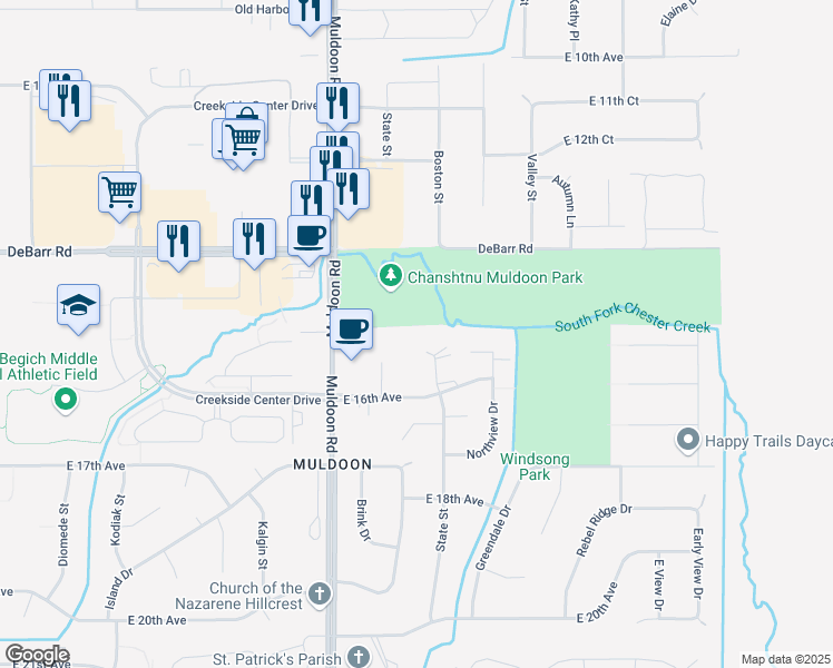 map of restaurants, bars, coffee shops, grocery stores, and more near 1420 Carolyn Circle in Anchorage