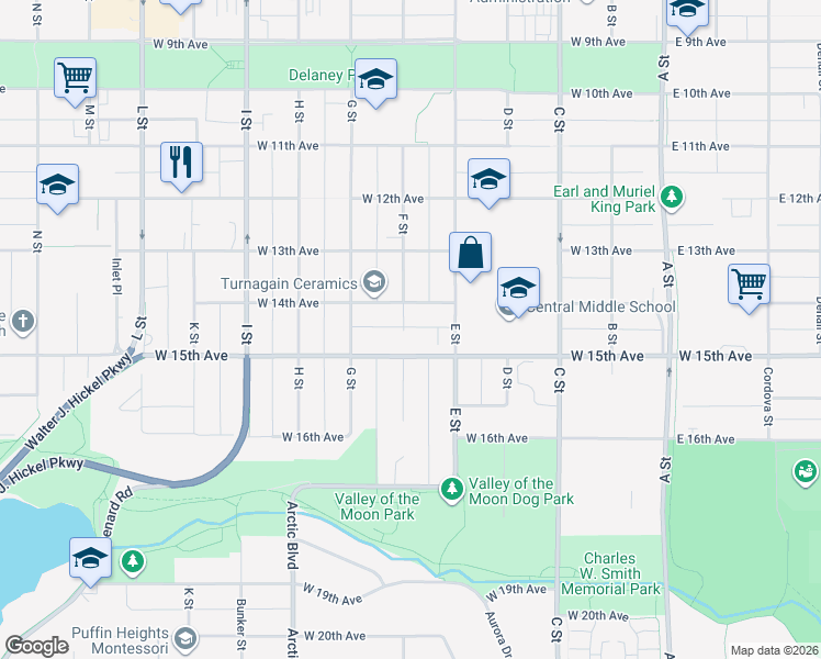 map of restaurants, bars, coffee shops, grocery stores, and more near 536 West 15th Avenue in Anchorage