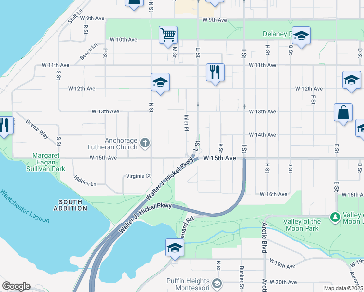 map of restaurants, bars, coffee shops, grocery stores, and more near 1112 West 15th Avenue in Anchorage