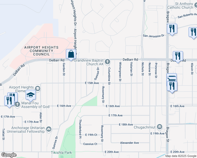 map of restaurants, bars, coffee shops, grocery stores, and more near 1513 Sunrise Drive in Anchorage
