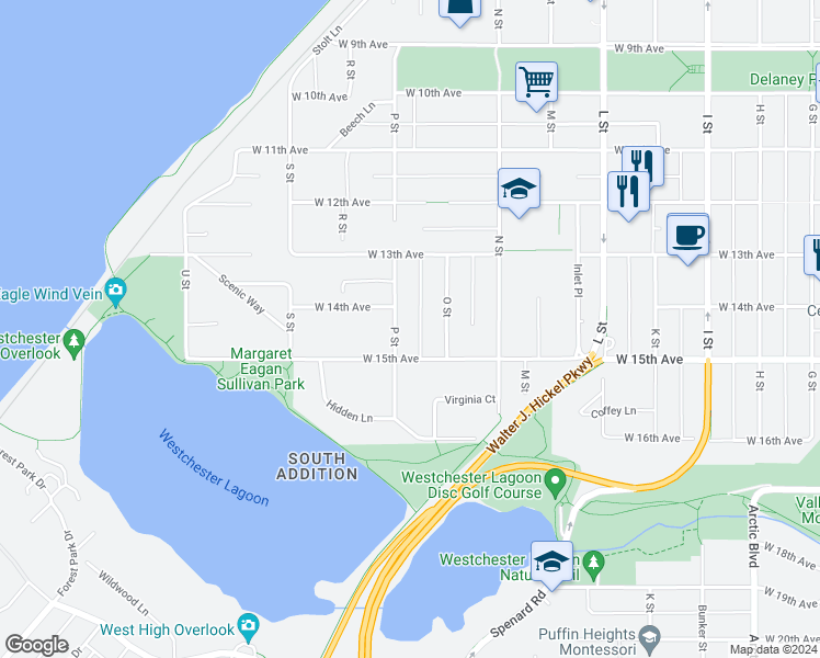 map of restaurants, bars, coffee shops, grocery stores, and more near 1423 P Street in Anchorage
