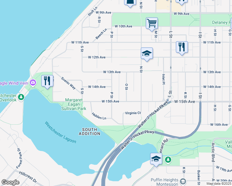 map of restaurants, bars, coffee shops, grocery stores, and more near 1333 P Street in Anchorage