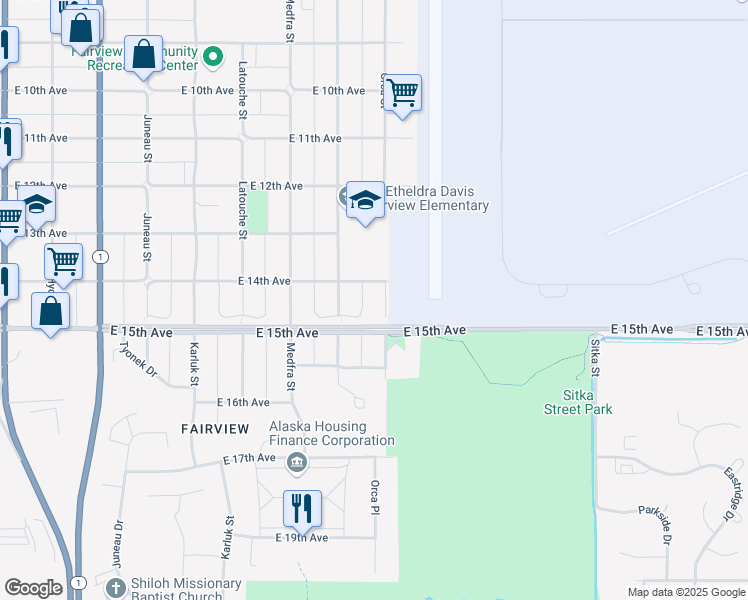 map of restaurants, bars, coffee shops, grocery stores, and more near 1343 Orca Street in Anchorage