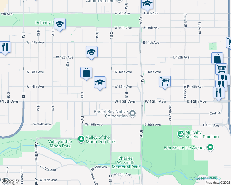 map of restaurants, bars, coffee shops, grocery stores, and more near 1329 C Street in Anchorage