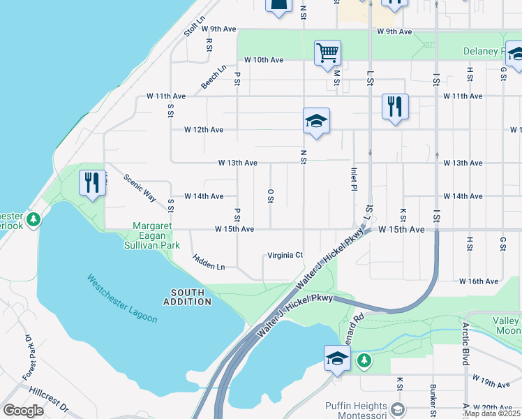 map of restaurants, bars, coffee shops, grocery stores, and more near 1328 O Street in Anchorage