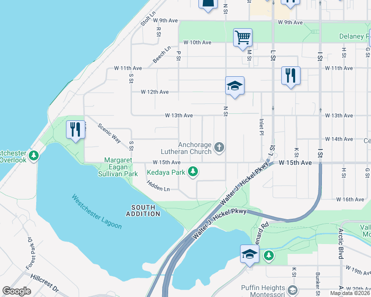 map of restaurants, bars, coffee shops, grocery stores, and more near 1333 P Street in Anchorage