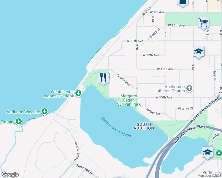 map of restaurants, bars, coffee shops, grocery stores, and more near 1804 Scenic Way in Anchorage