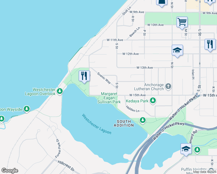 map of restaurants, bars, coffee shops, grocery stores, and more near 1737 Scenic Way in Anchorage