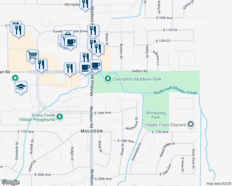 map of restaurants, bars, coffee shops, grocery stores, and more near 1401 Carolyn Circle in Anchorage