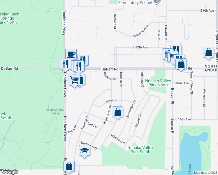 map of restaurants, bars, coffee shops, grocery stores, and more near 1404 Richardson Drive in Anchorage
