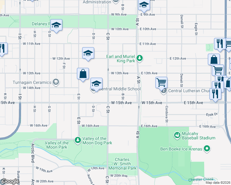 map of restaurants, bars, coffee shops, grocery stores, and more near 230 West 14th Avenue in Anchorage