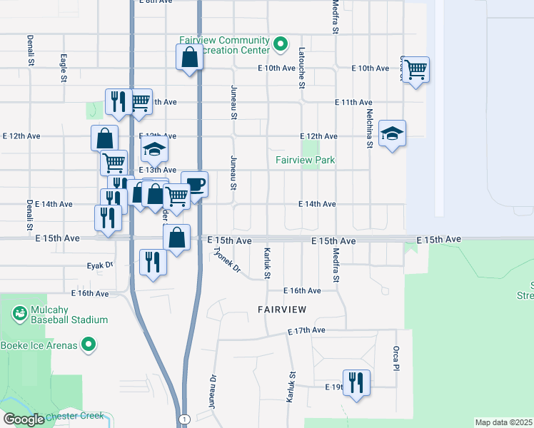 map of restaurants, bars, coffee shops, grocery stores, and more near 1334 Karluk Street in Anchorage