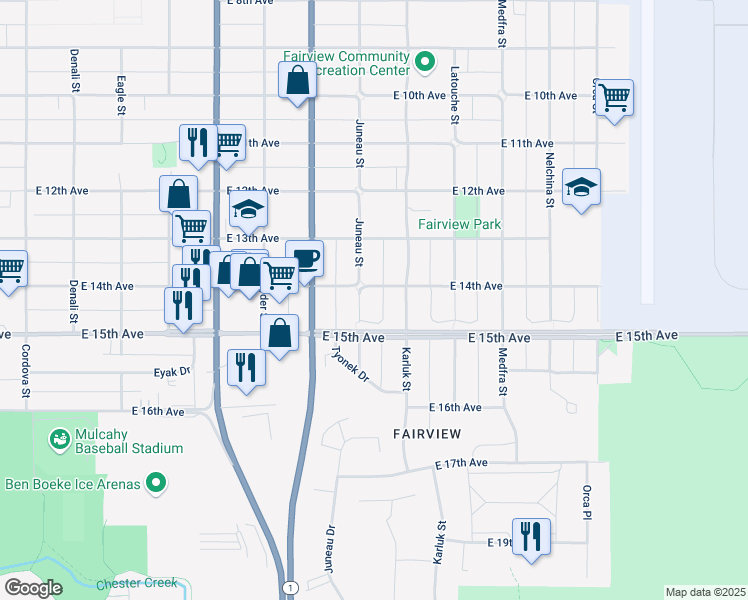 map of restaurants, bars, coffee shops, grocery stores, and more near 1338 Juneau Street in Anchorage