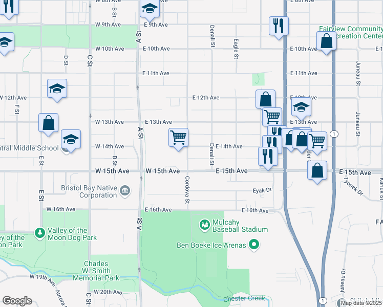 map of restaurants, bars, coffee shops, grocery stores, and more near 317 East 14th Avenue in Anchorage