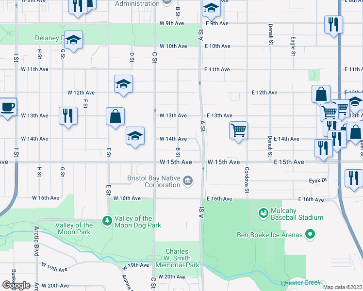 map of restaurants, bars, coffee shops, grocery stores, and more near 100 West 13th Avenue in Anchorage
