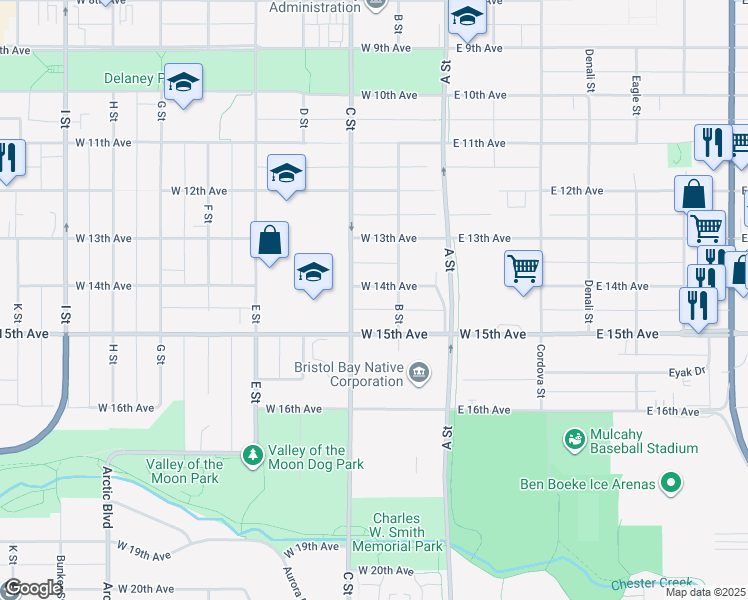 map of restaurants, bars, coffee shops, grocery stores, and more near 209 West 14th Avenue in Anchorage