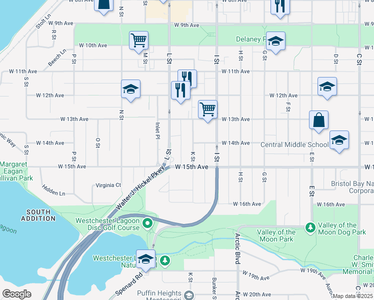 map of restaurants, bars, coffee shops, grocery stores, and more near 1334 K Street in Anchorage