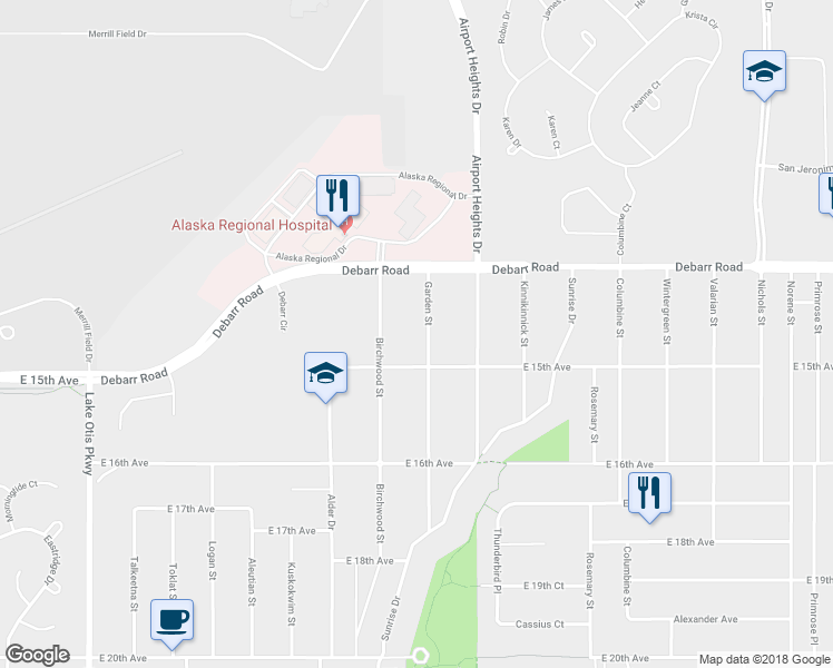 map of restaurants, bars, coffee shops, grocery stores, and more near 1414 Garden Street in Anchorage