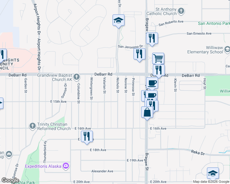 map of restaurants, bars, coffee shops, grocery stores, and more near 1408 Nichols Street in Anchorage
