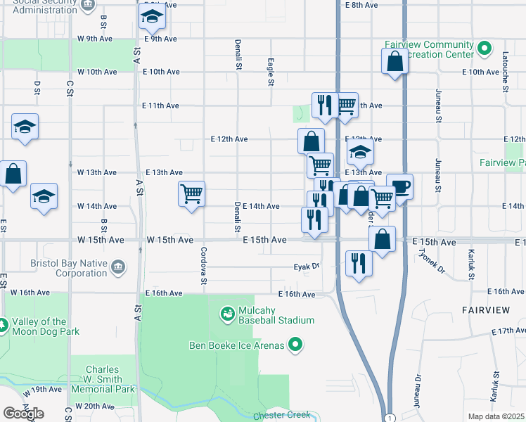 map of restaurants, bars, coffee shops, grocery stores, and more near 430 East 14th Avenue in Anchorage